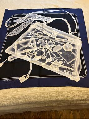 Hermès “Please, Check-In” Carré 90 Silk Scarf — Navy/Black/White | With Box